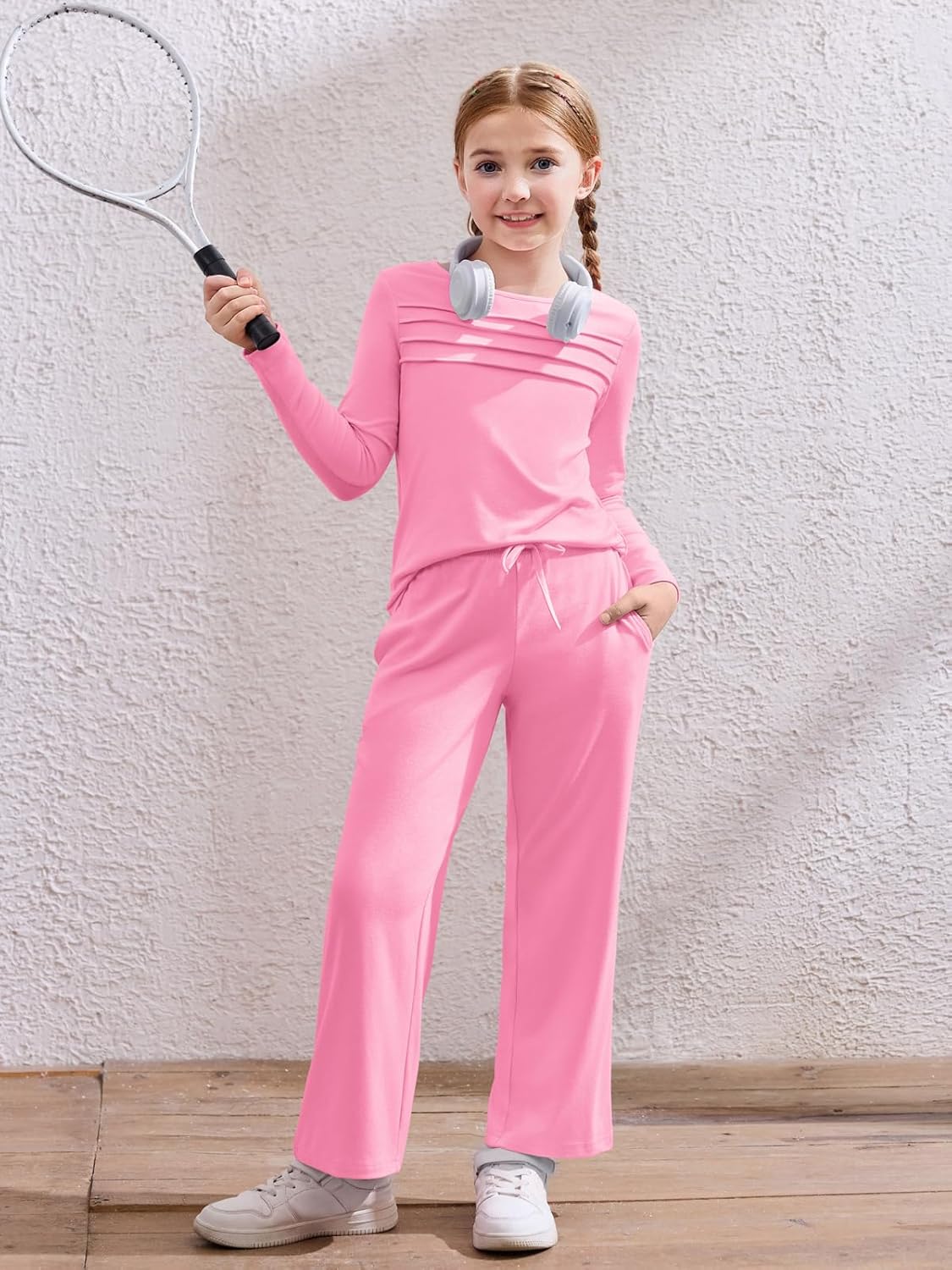 Haloumoning Girls 2 Piece Outfits Kids Pleated Long Sleeve Shirts and Wide Leg Pants Athletic Clothing Sets 5-14Y - Image 2