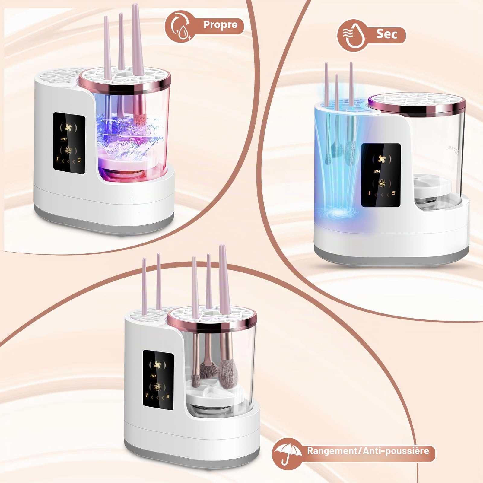 Nettoyeur automatique de pinceaux de maquillage 3 en 1 avec nettoyeur automatique de séchage et de stockage, nettoyeur de pinceaux de maquillage électrique Outil de nettoyage pour tous les
