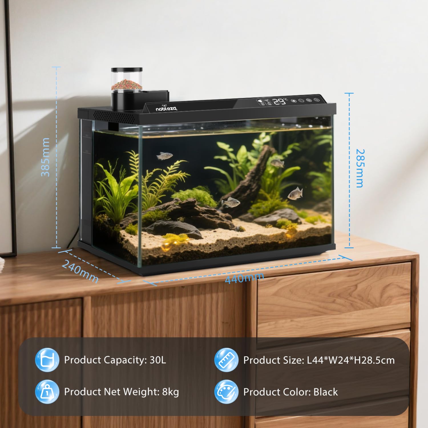 Nobleza Smart Aquarium 30L mit App-Steuerung, 3-Stufen-Filtersystem, EIN-Knopf-Wasserwechsel und Fernfütterung – Intelligentes Aquarium Komplettset