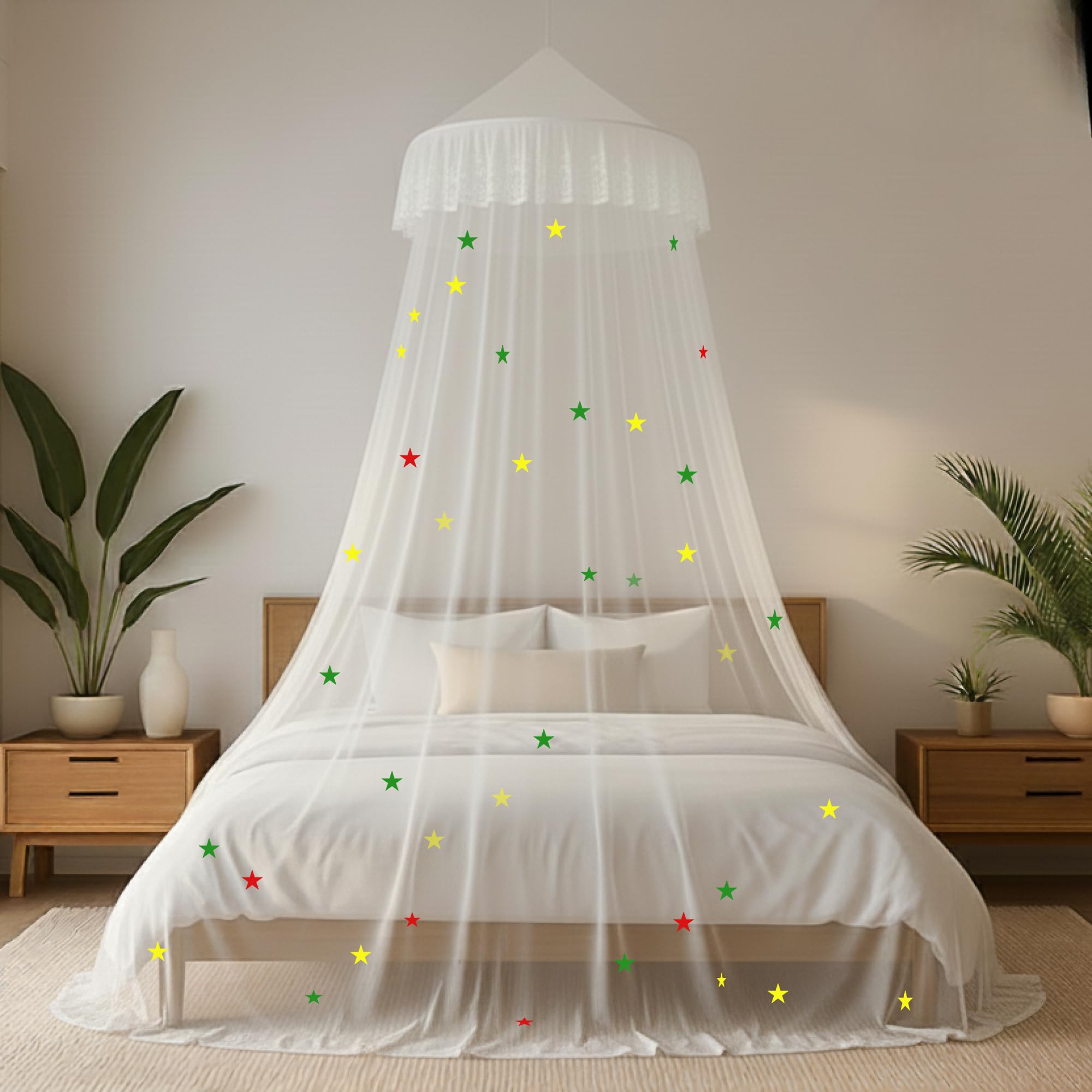 Classic Mosquito Net for Hanging Double Bed with 30 Star pacthes | King Size Machardani | Polyester 30GSM Strong Net | Canopy Tent for Bedroom -Plain White