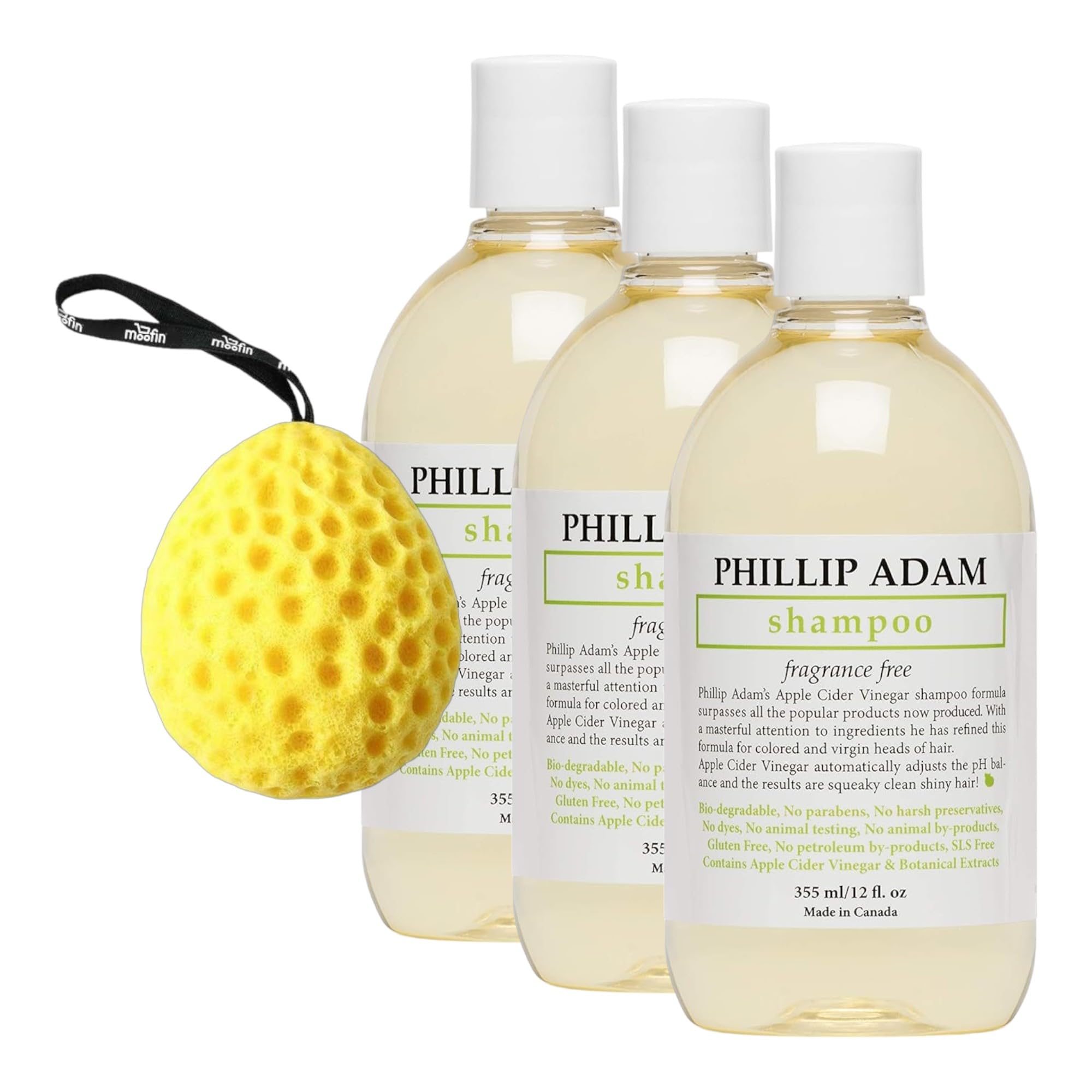 Fragrance Free Shampoo, Gentle & Sulfate-Free For Sensitive Skin, With Cider Vinegar, Ph Balanced, Moisturizing For Hair Types, Bundle With Bath Sponge [Pack Of 3]