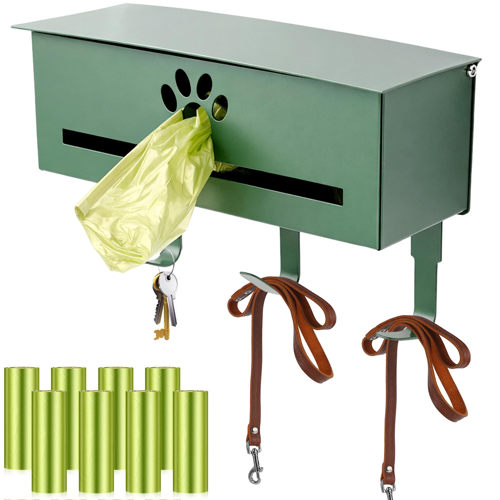 Blulu Wall Mount Dog Poop Bags Dispenser Holder with Hooks Metal 200/300 Single Large Roll Pet Waste Station Bags Dispenser for Outdoor Indoor Home Yard Doggy (Green)