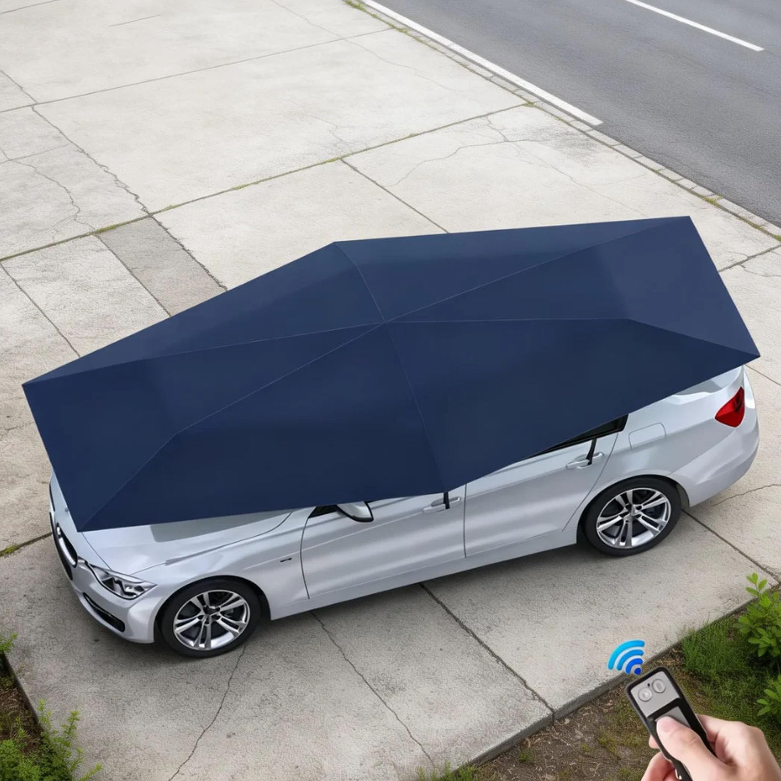 Tettoia Portatile per Auto, Protezione da Esterno in Tessuto Oxford 210D con Telecomando, Riparo per Auto Completamente Automatico E Pieghevole per Il Parcheggio All'aperto Navyblue-5.2M