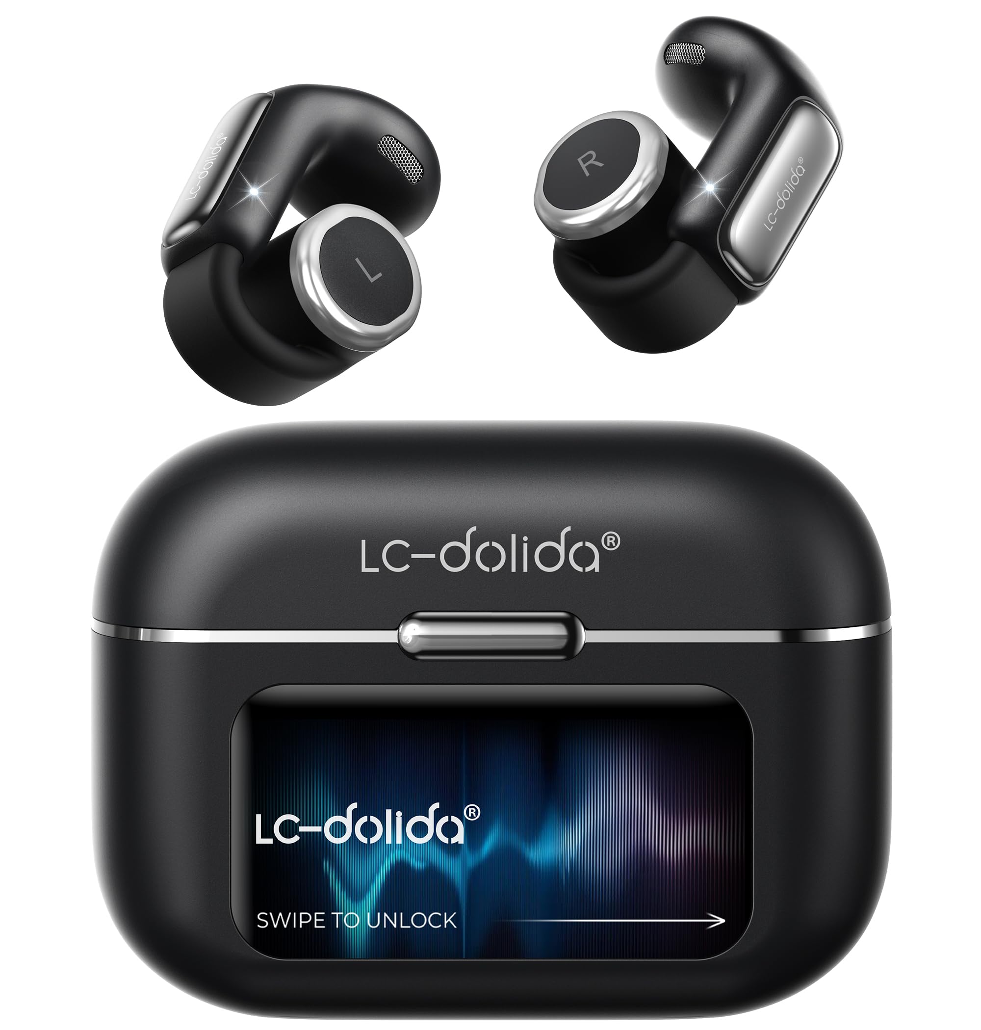 LC-dolida Open-Ear Wireless Earbuds with Smart LED Display Case, Clip On Earbuds All-Day Comfort & Situational Awareness, Case Control for Volume, EQ, Music, Find My Earbuds & Camera, Starry Black-image-8