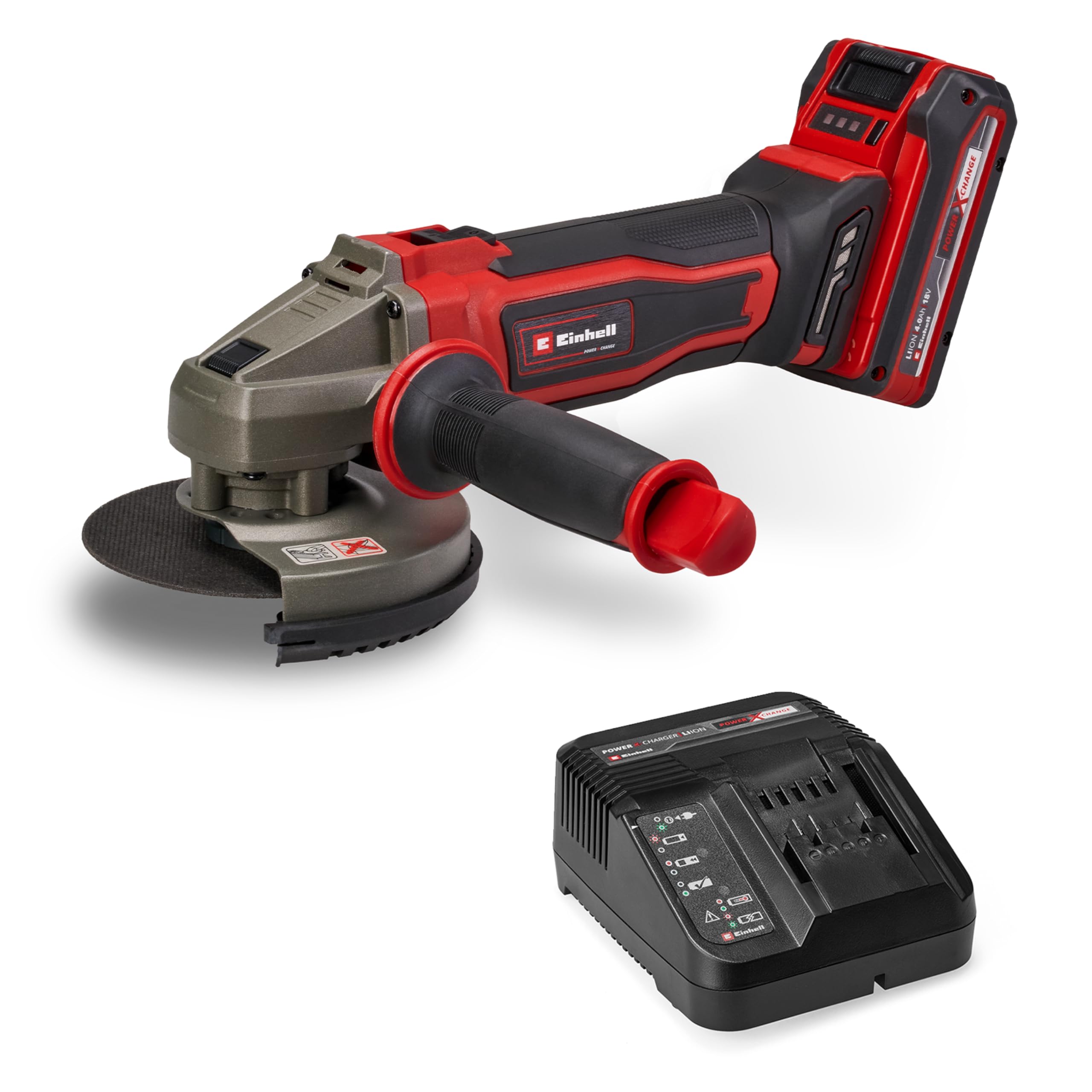 Einhell Amoladora angular con batería TE-AG 18/125-2 Li (1x 4,0 Ah) PXC (18V, 125mm diámetro de disco, 33mm profundidad de corte, protección de corte, sin disco de corte, incl. batería 4,0 Ah)