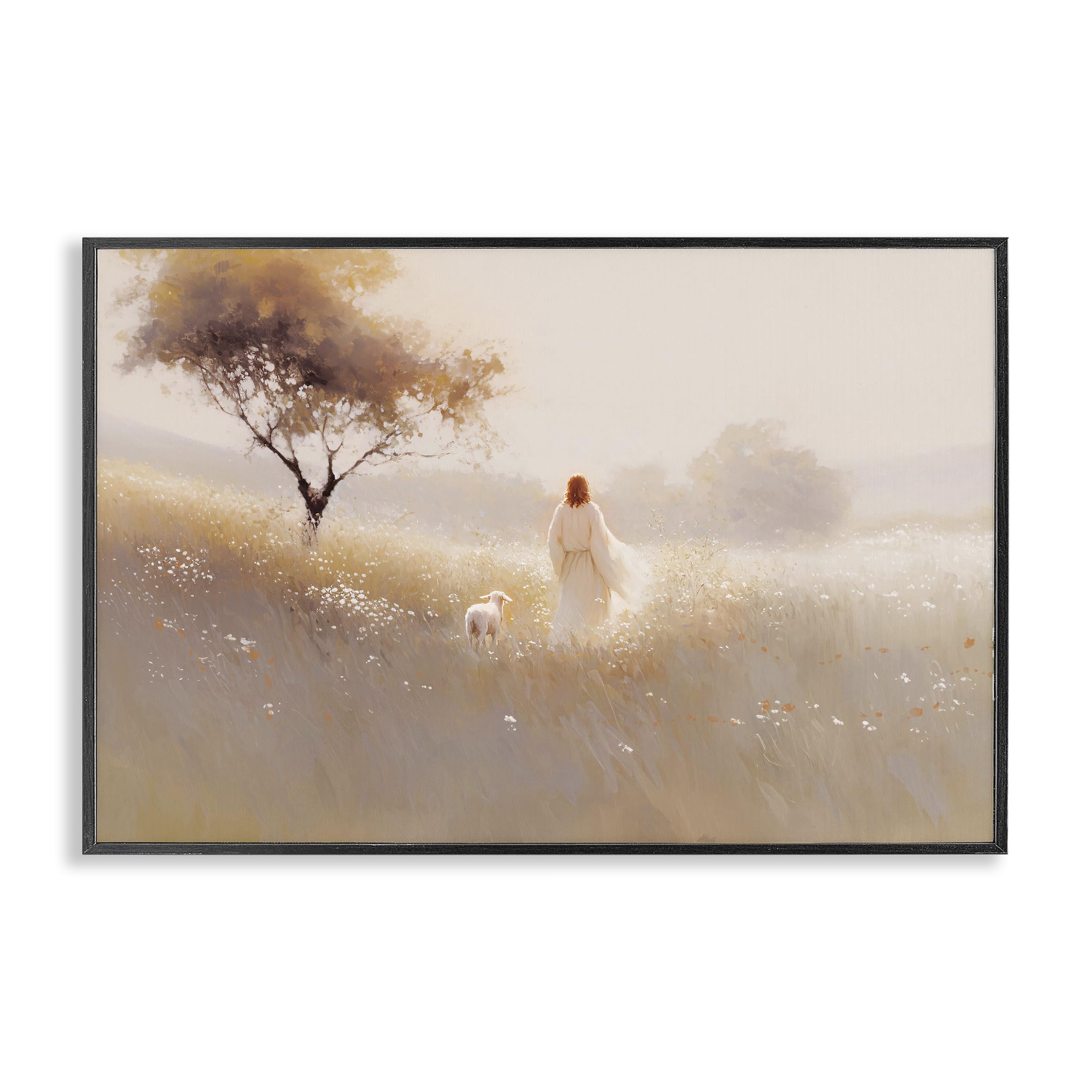 Stupell Industries 'Spiritual Shepherd & Lamb', Framed Giclee Art, Black, 30 x 20 Inches, Easy to Hang and Sturdy, Made in USA, by Jacky Ngan