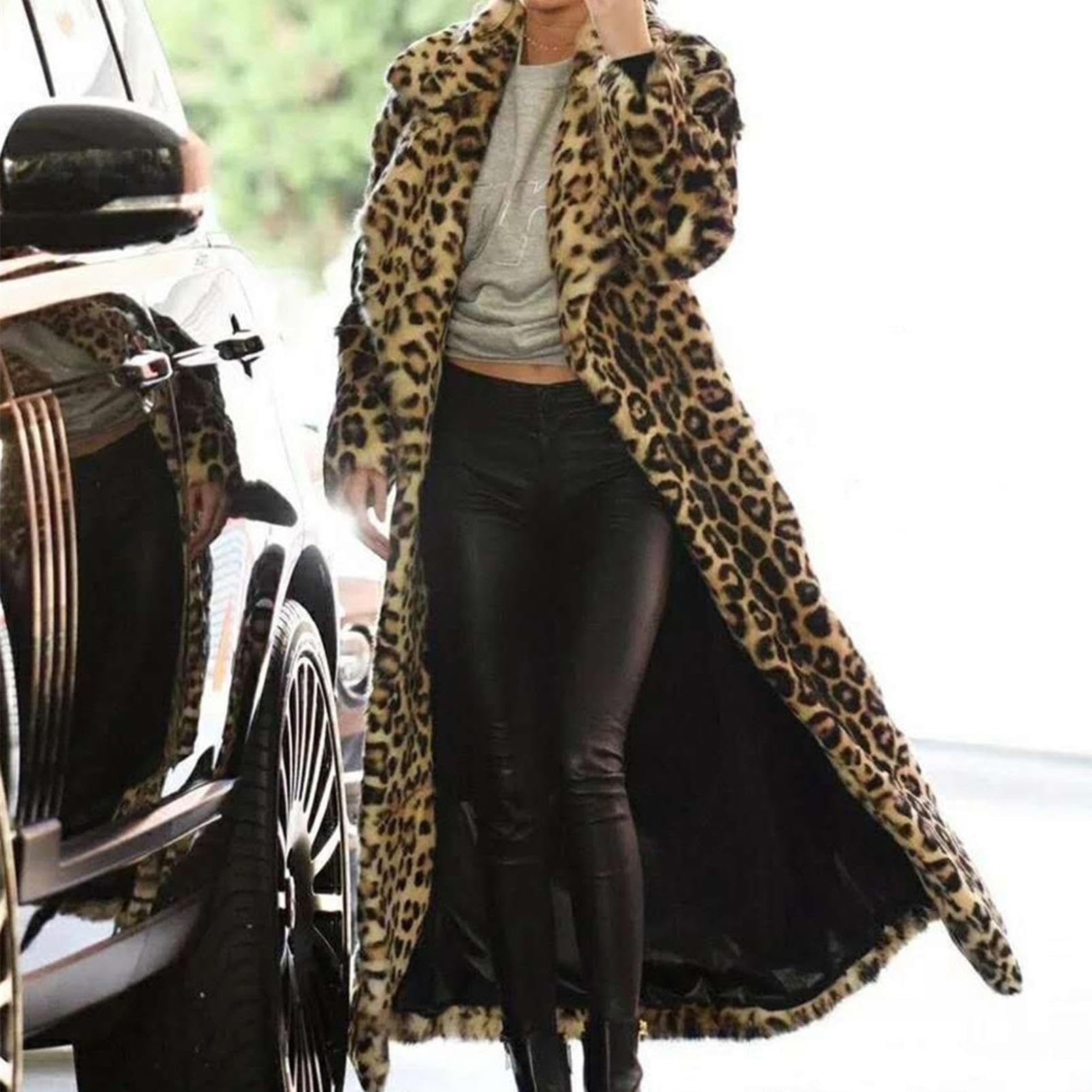 Leopard Felljacke Damen Extra Lang Mode Revers Kunstfell Jacke Dicke Warm Wintermantel Flauschiger Bequemer Fleecejacke Elegant Kunstpelz Mantel Herbst Winter Übergangsjacke Locker Pelzjacke