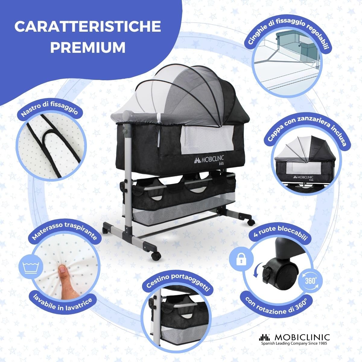 Mobiclinic®, Culla 3 in 1, Night, Co-sleeping, Altezza Regolabile, Materasso, Zanzariera, Ruote a 360°, Cinghie, Cestello Portaoggetti, Fino a 20 kg, Nero