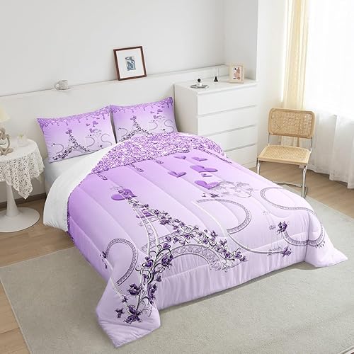 Miniatura 4 de Feelyou Juego de edredón París para niñas y niños, tamaño King, color morado con purpurina degradada, juego de edredón de plumón de torre Eiffel,