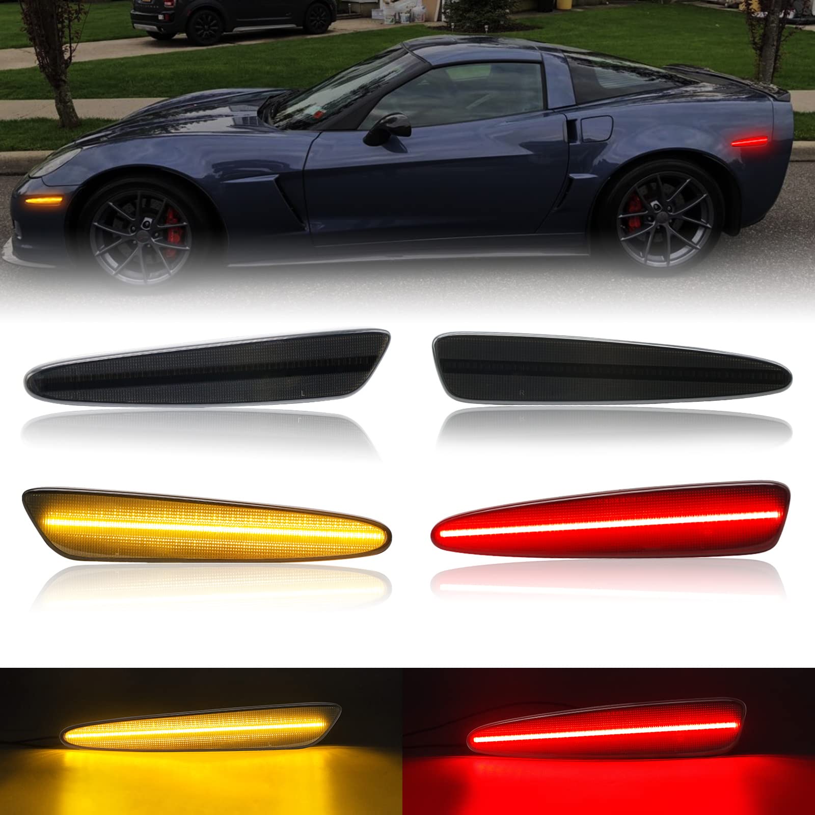 R&F Auto 4PCS Smoked Lens LED Side Marker Lights Compatible with Corvette C6 (2005-2013)/Z06/ZR1/Grand Sport/Z06 Carbon Amber Red LED Sidemarker Lamps Front & Rear Turn Signal Lights
