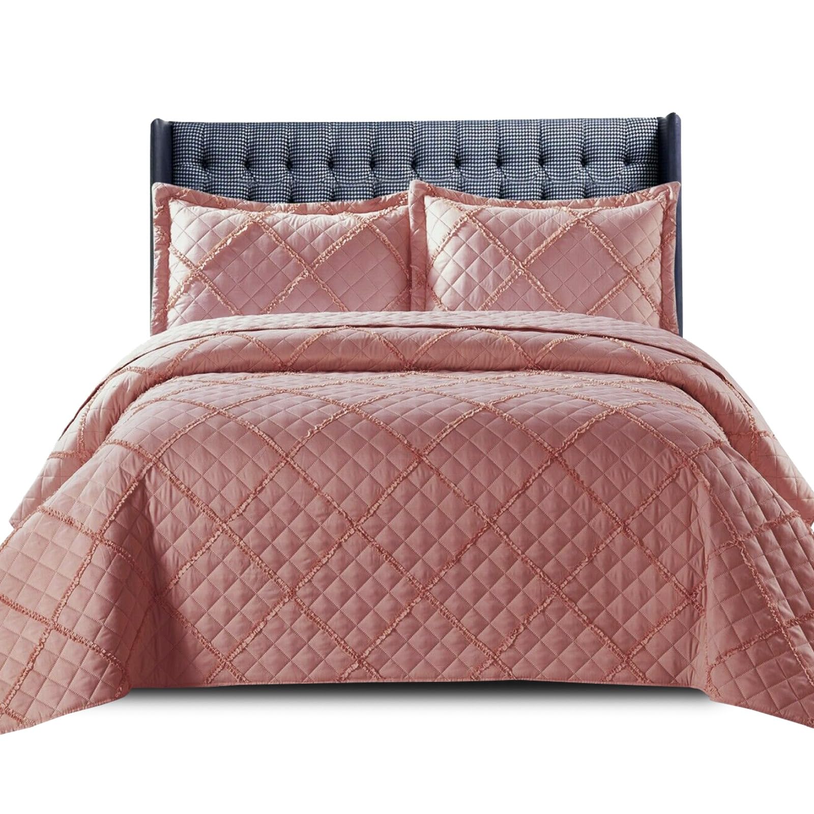 Modern & Stylish Embossed Ruffle Quilted Bedspread Bed Throw Single Double King size bedding set (Rose-Ruffle, King)