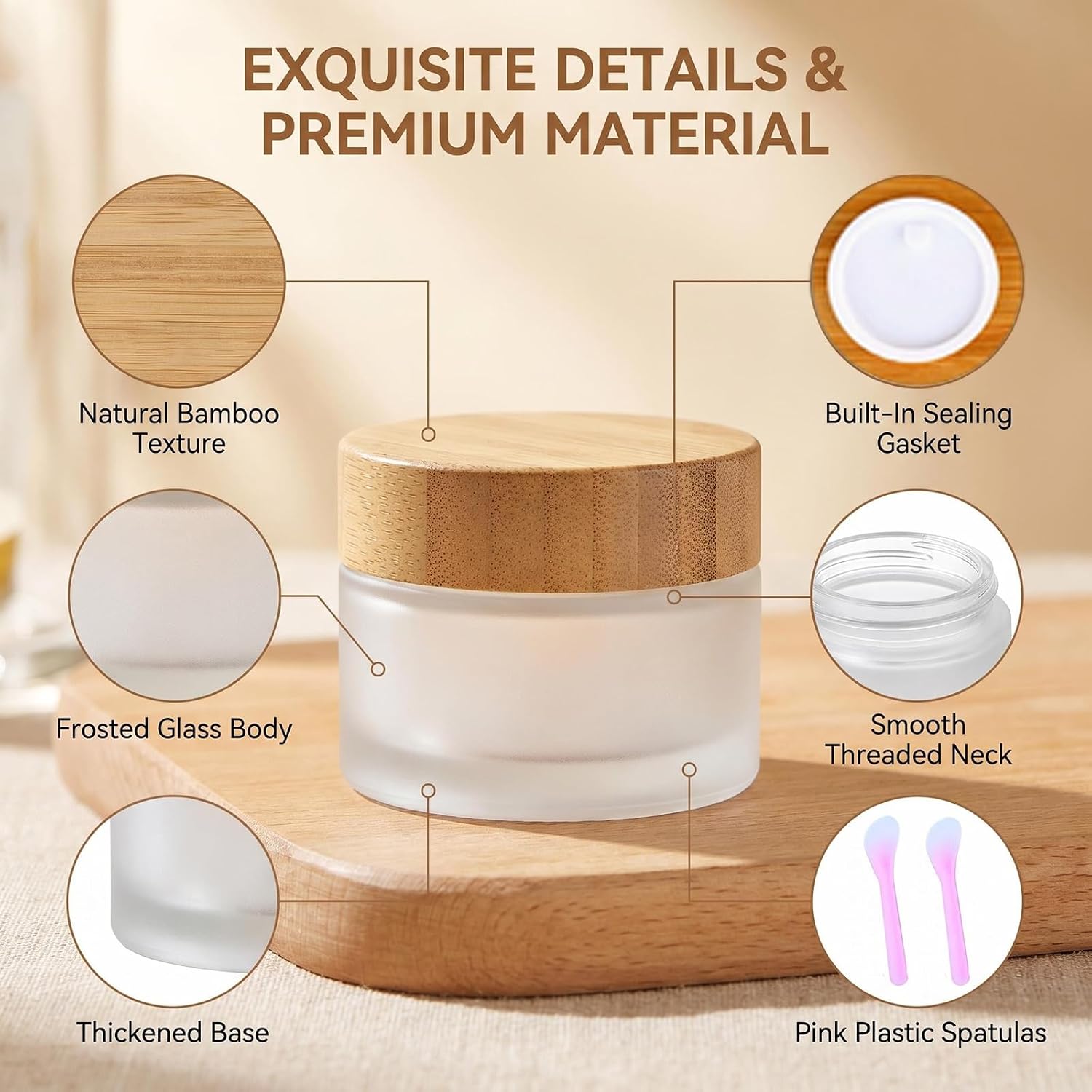 2PCS Travel Size Frosted Glass Jars with Bamboo Lids, 1oz Leak Proof Empty Skincare Containers with 2 Facial Mask Spatulas Spatulas for DIY Cream, Lip Balm, Lotion (0.5, ounces)