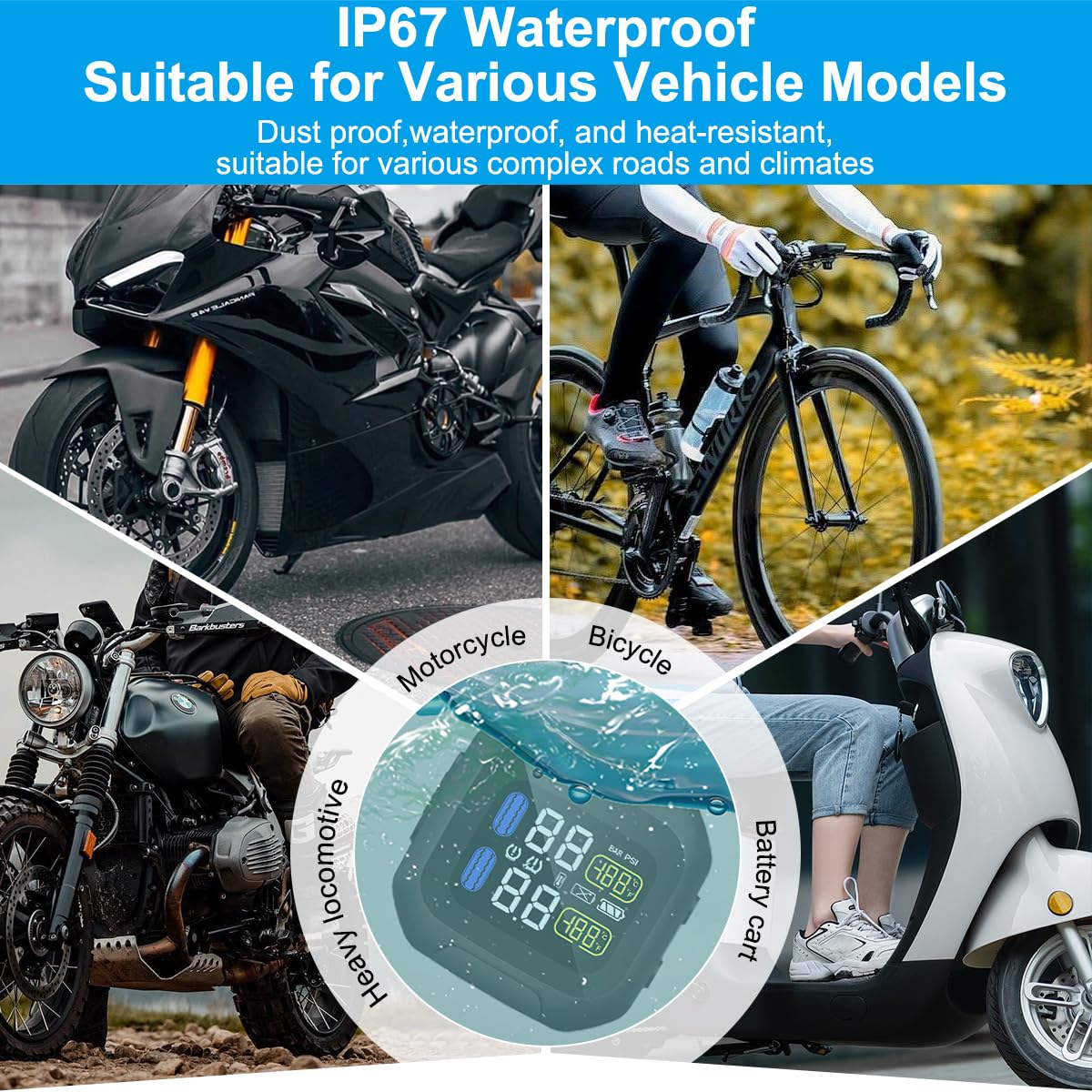 OBEST Motorrad TPMS Reifendruckkontrollsystem Reifendruck Kabellos Reifendruckmesser USB Power LCD Display mit 2 Externen Sensor