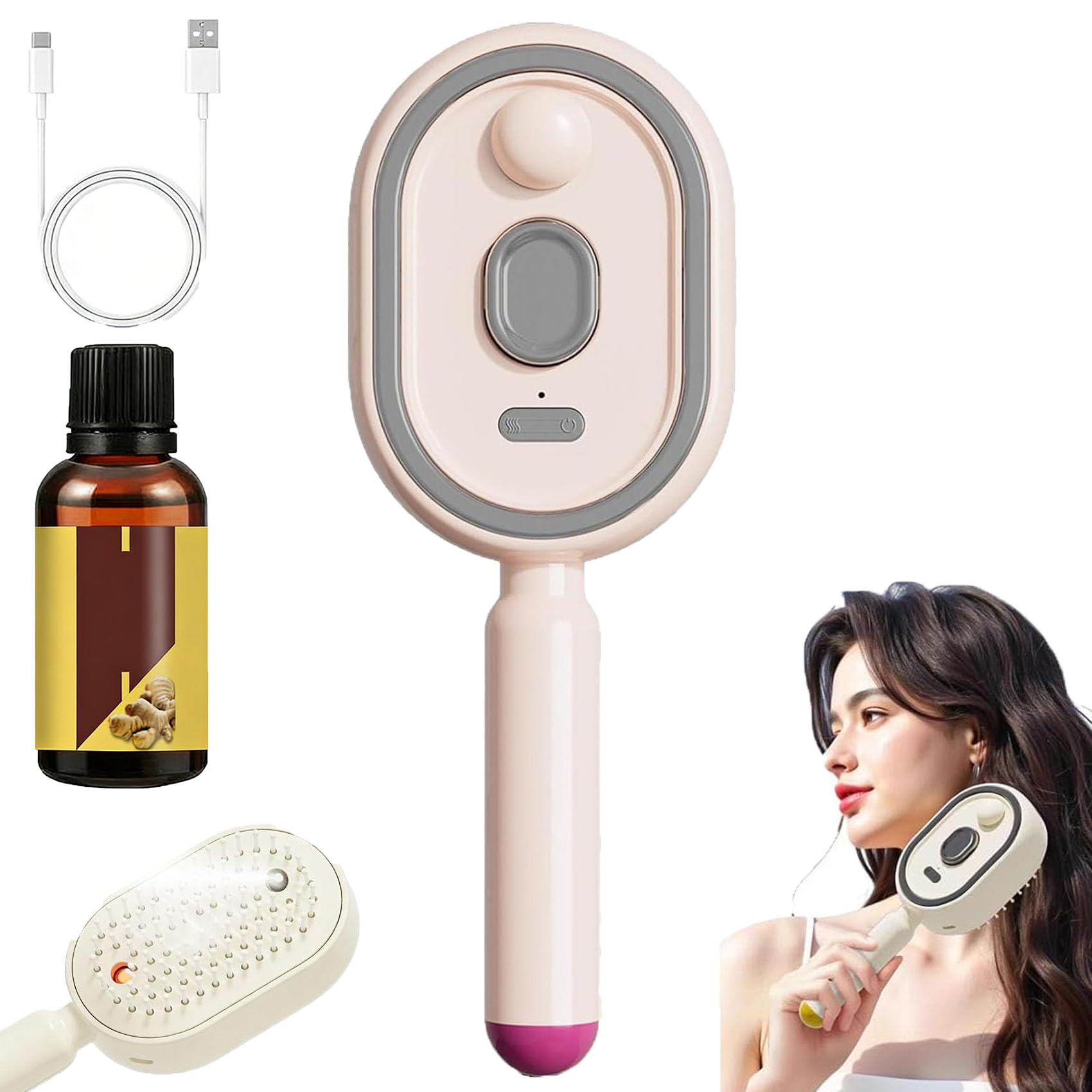 Brosse à vapeur électrique, peigne à vapeur électrique pour femmes, lisseur à vapeur rechargeable avec spray, peigne de massage coussin d'air, outil de coiffure démêlant anti-frisottis (Rose)