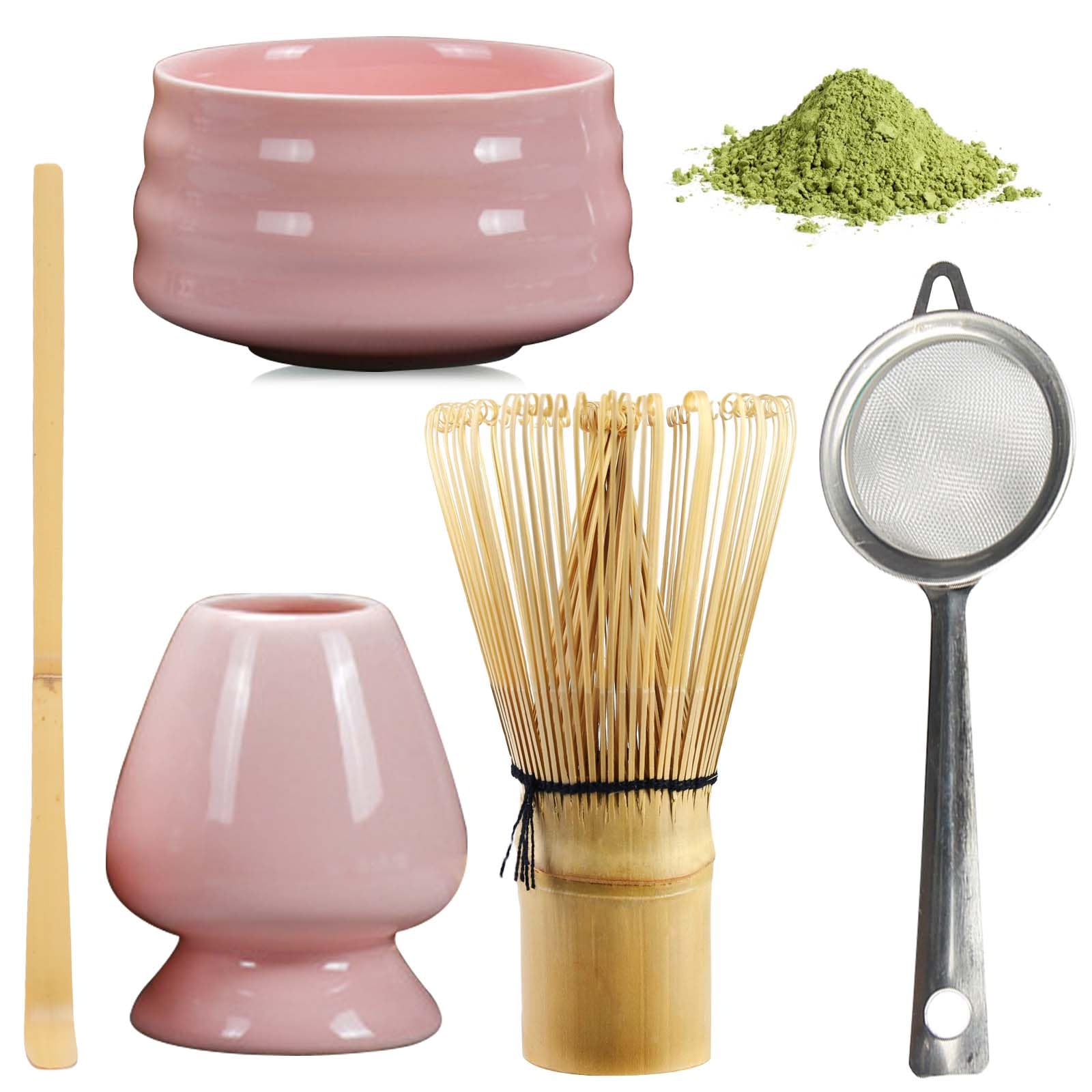 BAIFULAI Matcha Theeset, 5-delige matcha-set, Japanse theeset, matcha garde set van keramiek, matcha-schaal, gardehouder, zeef, Japanse accessoires voor matcha-ceremonie (roze)