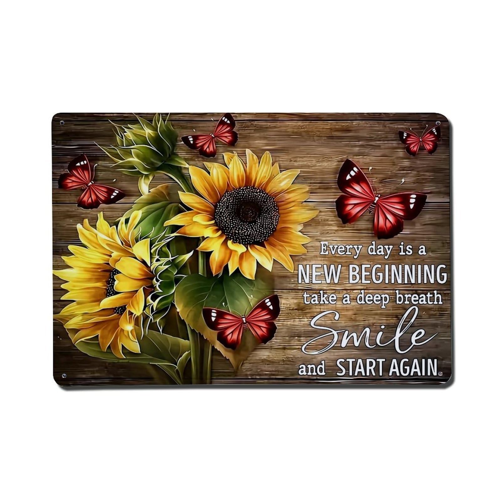 Sunflower Butterflies Wood Background Motif Retro Metal Tin Sign, Vintage Metal Poster for Home, Gaming Room, Studio Workshop,Bar,Garage Wall Art Decor 8x12 Inch