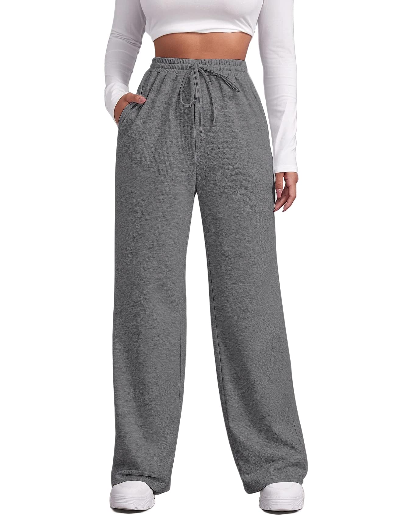 FACDIBY Wide Leg Sweatpants for Women Elastic High Waisted Drawstring Loose Pants with Pockets
