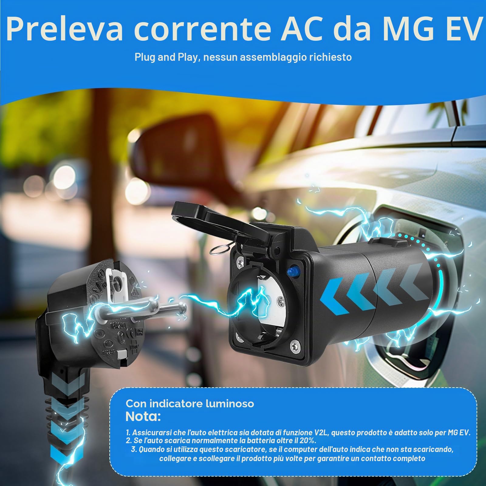 Adattatore di ricarica EV tipo 2 a presa Schuko – 3,5 kW 16 A 220 V – portatile e resistente IP44 – compatibile con veicoli elettrici con funzione V2L