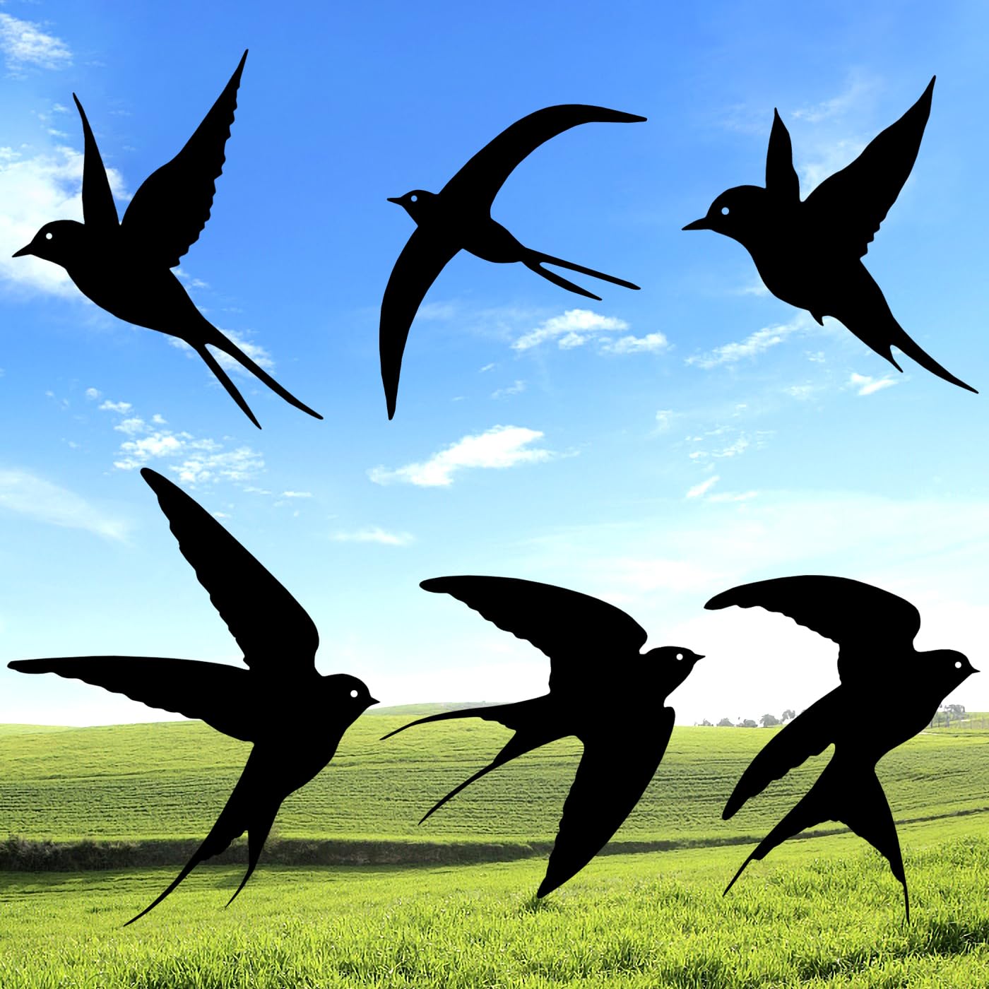 6pcs Pájaros Negros Arte de Pared de Metal Decoración Golondrina Metal Colgante Exterior Pájaro Decorativo Escultura de Pared para Casa Patio Salón Baño Jardín