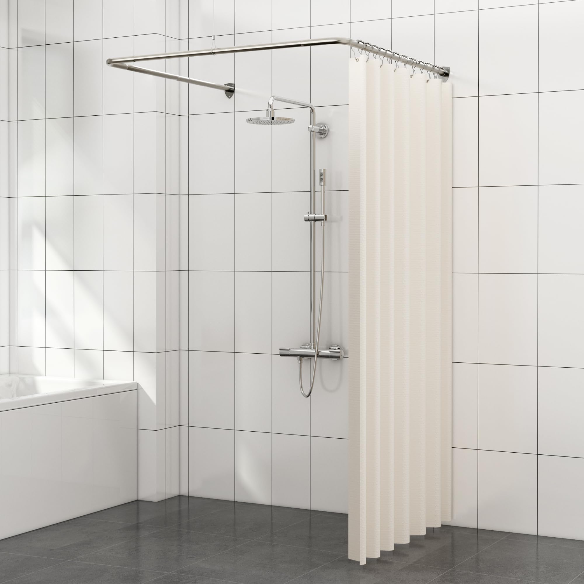 Barra per tenda doccia a forma di U, asta angolare con 12 anelli per tende e supporto a soffitto per vasca/bagno, montaggio a parete necessario [Entrambi i lati: 60 cm - 132 cm, Centro: 78 cm - 118 cm