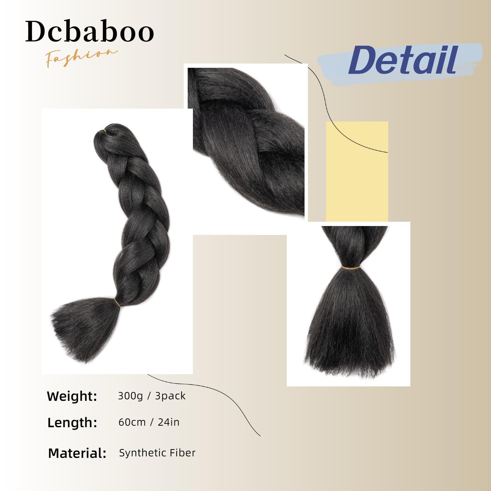 Dcbaboo Jumbo Braiding Hair Extensions - 3 Packs, 24 Inch, Synthetic Kanekalon Ombre for Afro Crochet Braids and Twists - 300g, Black - Image 2