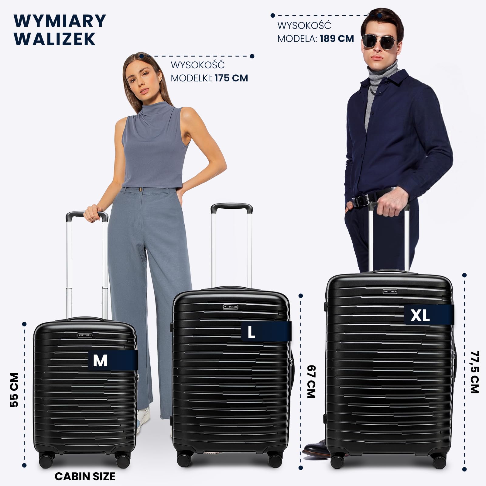 WITTCHEN Motion Line Zestaw walizek M L XL Twardy bagaż Polikarbon Zamek TSA Teleskopowa rączka 4 podwójne kółka 360° Kremowy