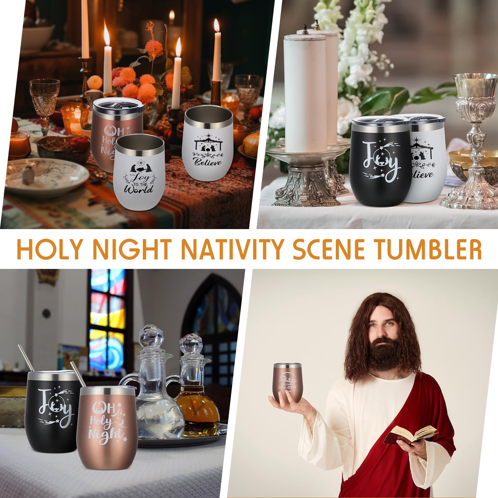 Gejoy Lot de 6 verres à vin de Noël avec couvercle - En acier inoxydable - Motif sapin de Noël - Tasse à café de voyage - Cadeau de vacances pour fête de Noël, mariage, 6 motifs - Crèche de Noël