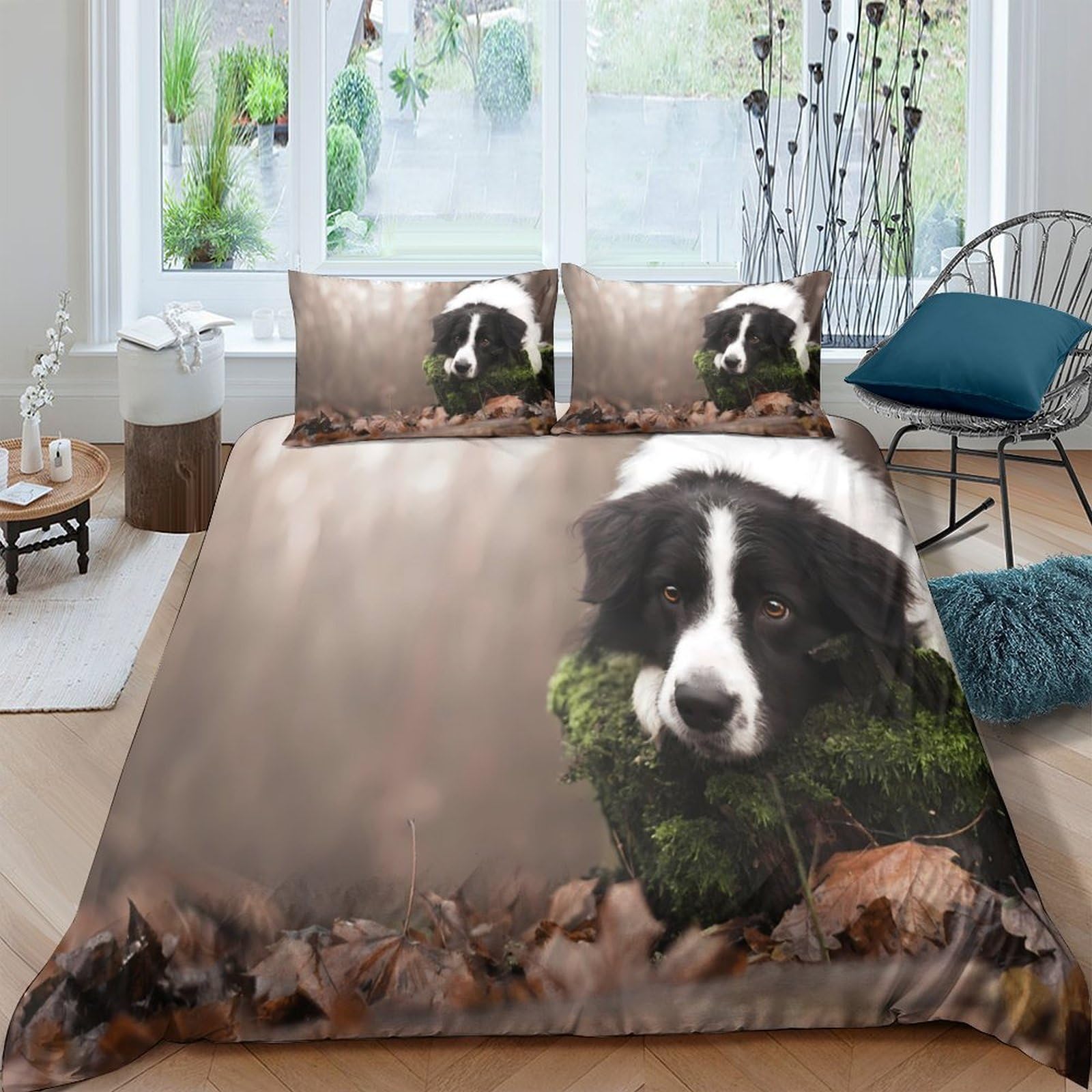 Ctjqhvkz Style-4 3D Printed Black White Border Collie Dog Fitted Sheet Microfiber Soft Breathable Forest Leaves Mattress Cover For Bedroom Guest Room Decor Single（135X200cm）