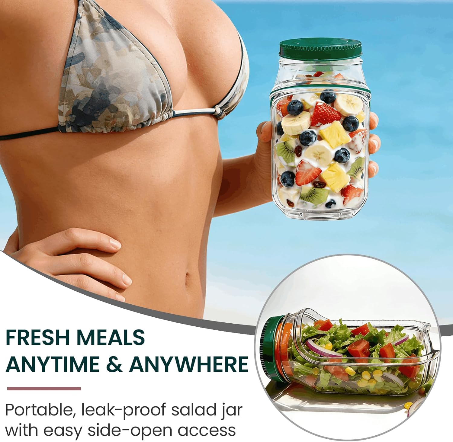 tjr salad pod mason jar side open – leakproof vertical layering salad jars with built-in dressing containers, reusable & portable lunch containers for office, picnic & travel pack of 1