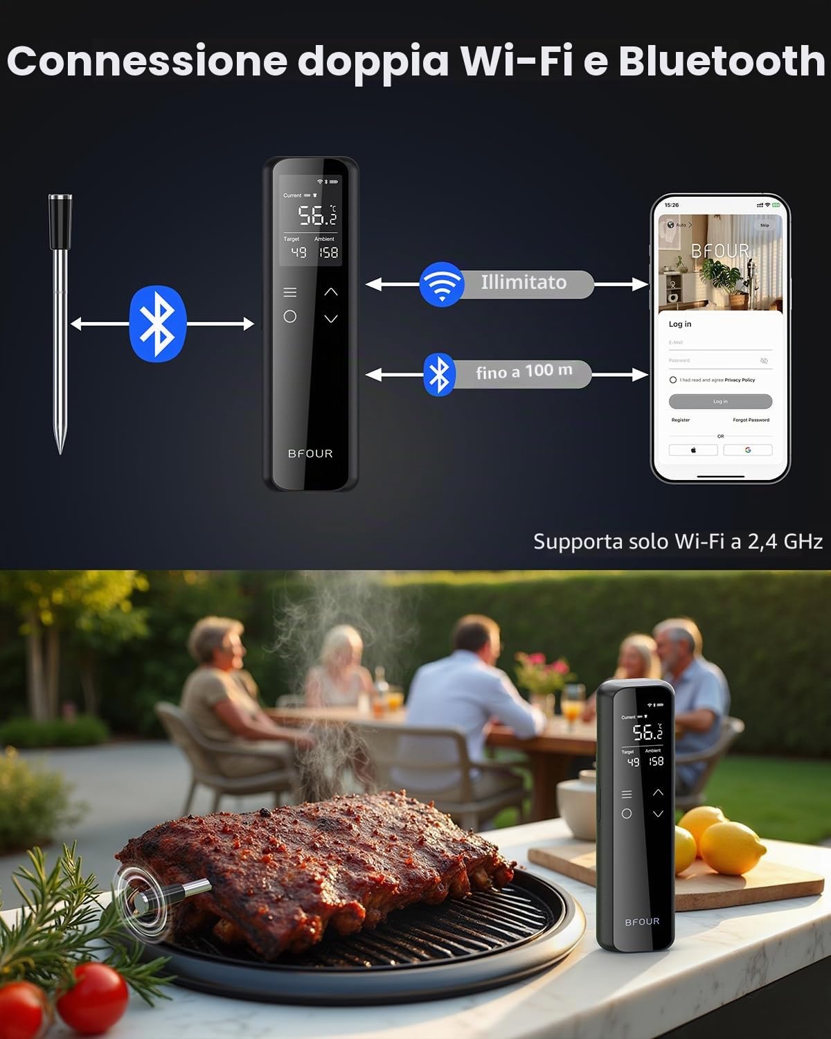 BFOUR Termometro per carne, WiFi e Bluetooth, termometro per barbecue con 6 sensori, 3 modelli Connect, controllo app, impermeabile IP67, termometro per arrosto per affumicatore, barbecue, forno e