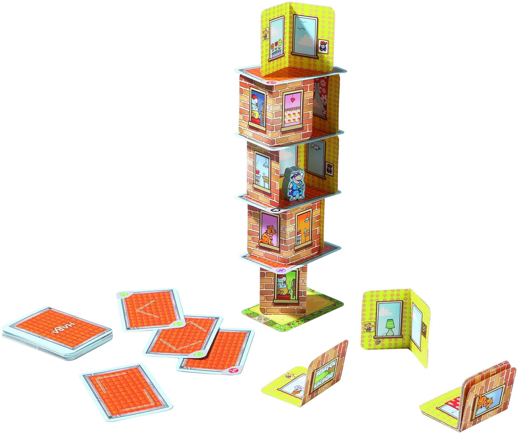 HABA Rhino Hero apilamiento en 3D, Mesa Infantil de 2 a 5 Jugadores, 5 años o más, Juego de acción para Toda la Familia, tamaño pequeño, Multicolor (302203)