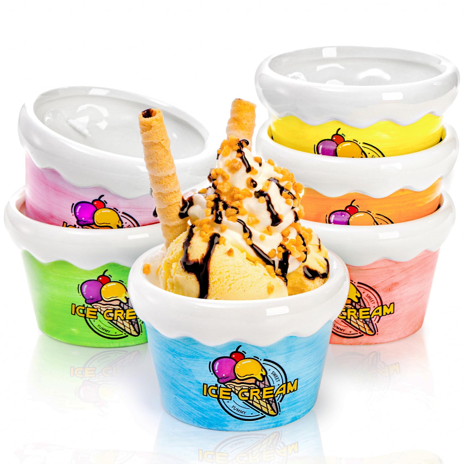 SサイズICECREAMセット⑥ Amazon.com | Elsjoy Set of 6 Ceramic Ice Cream Bowl, 9 oz