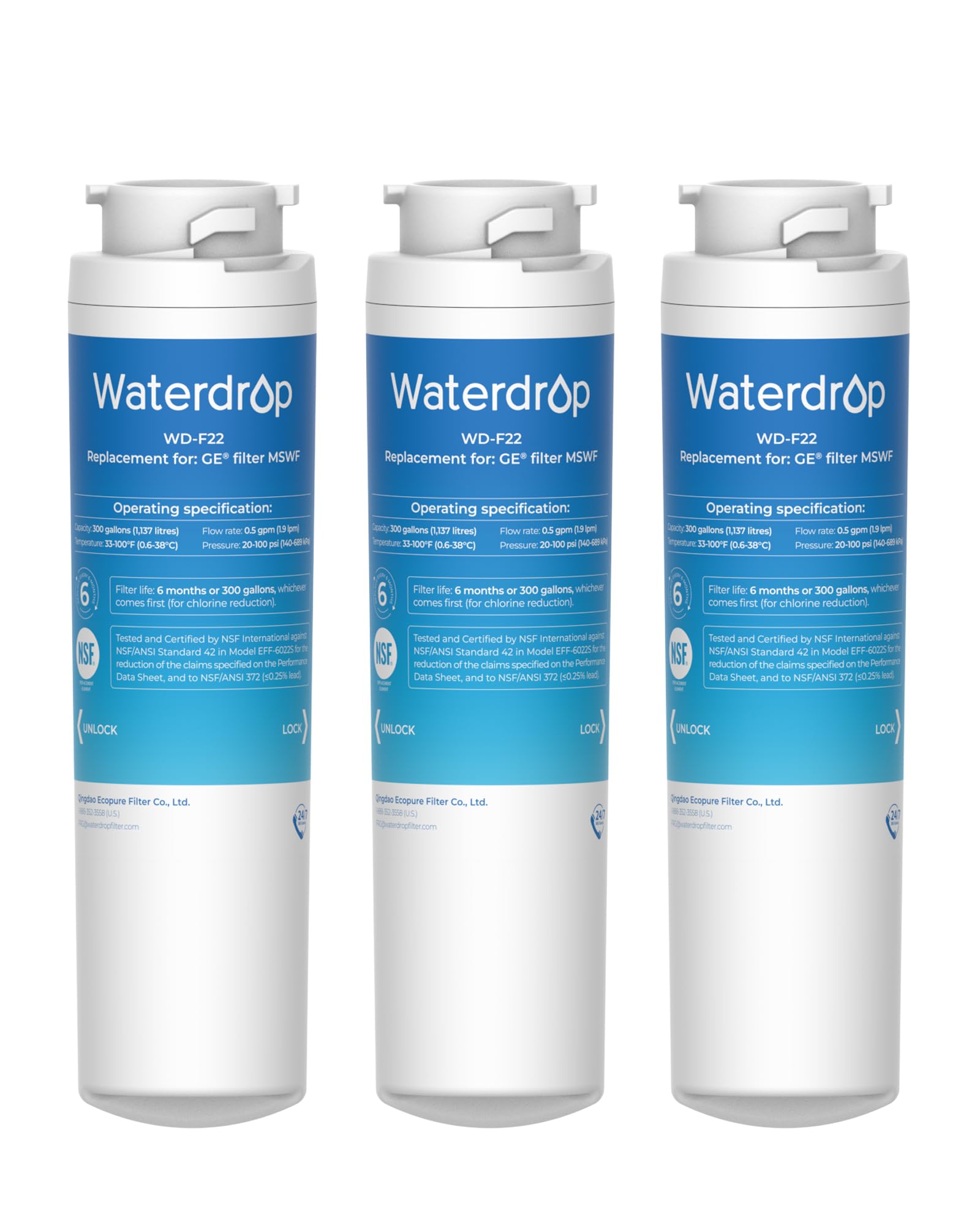 Waterdrop MSWF Refrigerator Water Filter, Replacement for GE® MSWF, 101820A, 101821B, RWF1500A, NSF 42&372 Certified, Pack of 3