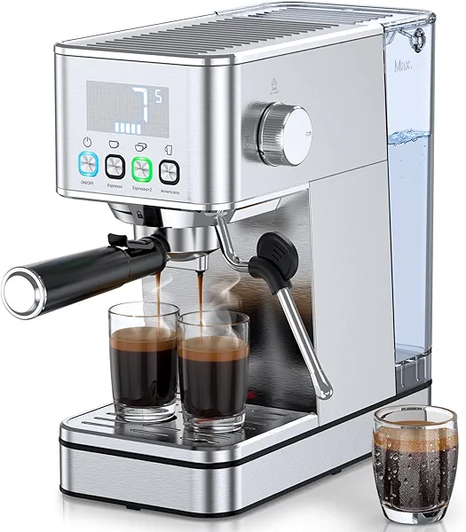 LERTIN Espresso Machine 20 Bar, Stainless Compact Espresso Maker with Steam Milk Frother, 57.5OZ Water Tank, Touch Screen Indicator of Making Time, for Latte, Cappuccino, Silver (2025 updated model)