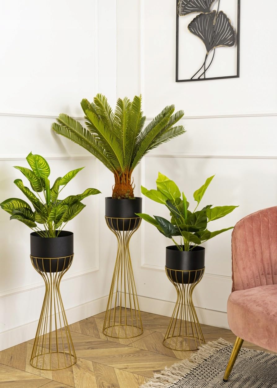 Moderno supporto per fiori in metallo, altezza 46 cm, con vaso di fiori nero, rotondo, diametro 18 cm, supporto in oro robusto, per la decorazione di interni