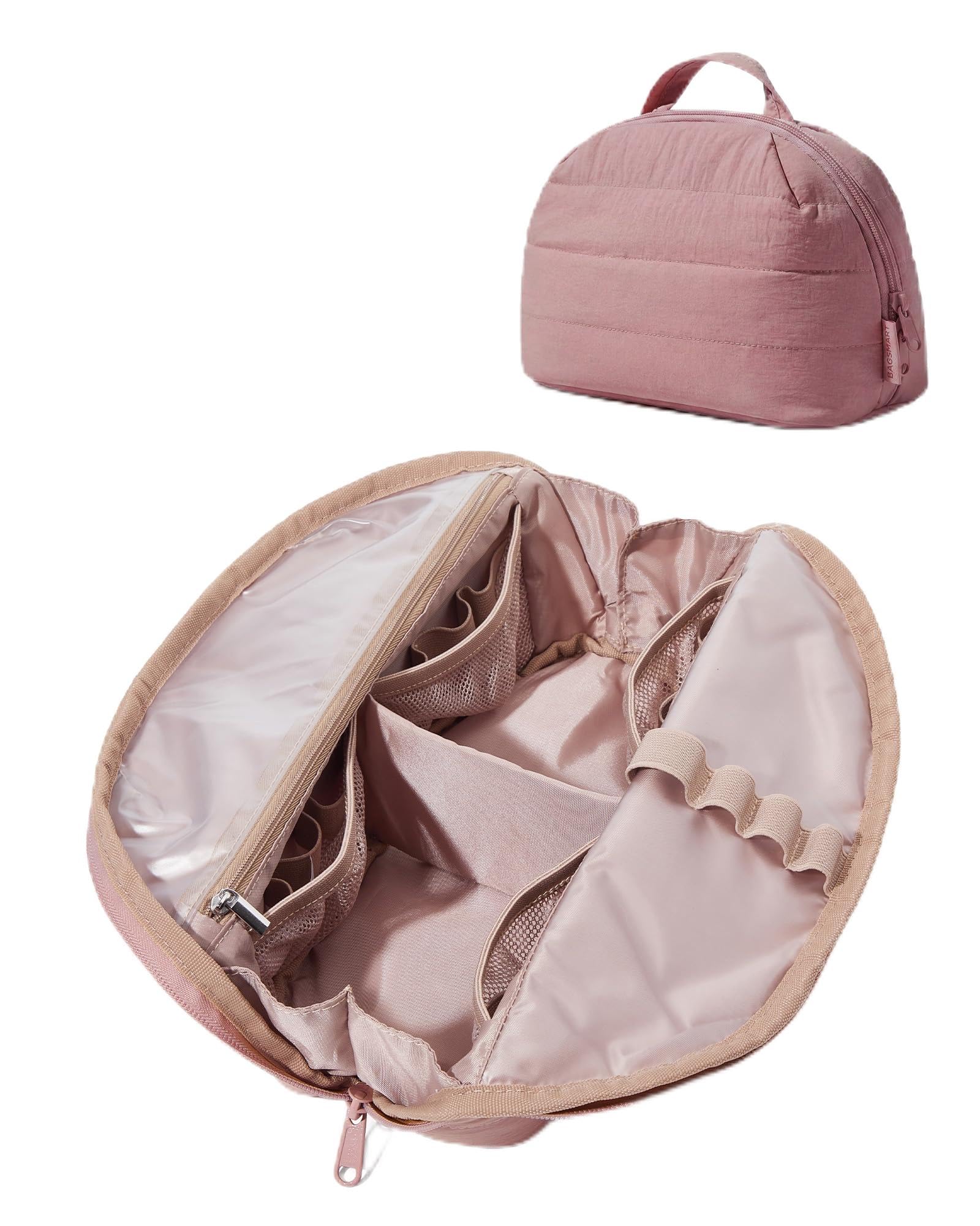 BAGSMART Puffer Kosmetiktasche Damen, Tragbarer Faltbarer Schminktasche, Gepolsterte Make up Tasche, Wasserabweisende Kulturtasche für Toilettenartikel und Pinsel, Dunkelrosa