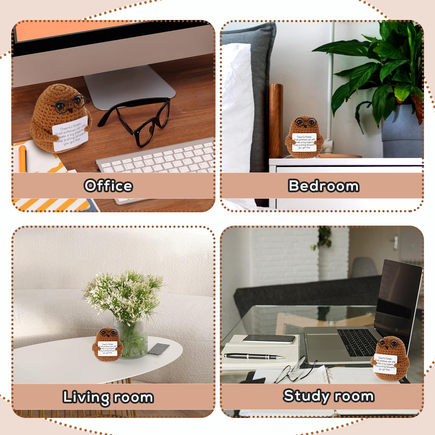 BOXOB Pomme De Terre Positif, 12,5 Cm Jouet Poupée Tricoté Pomme Terre Positive Drôle Avec Carte Encouragement Pomme Terre Vie Positive Avec Oreilles Lapin Cadeau Halloween Pour Décoration (Marron