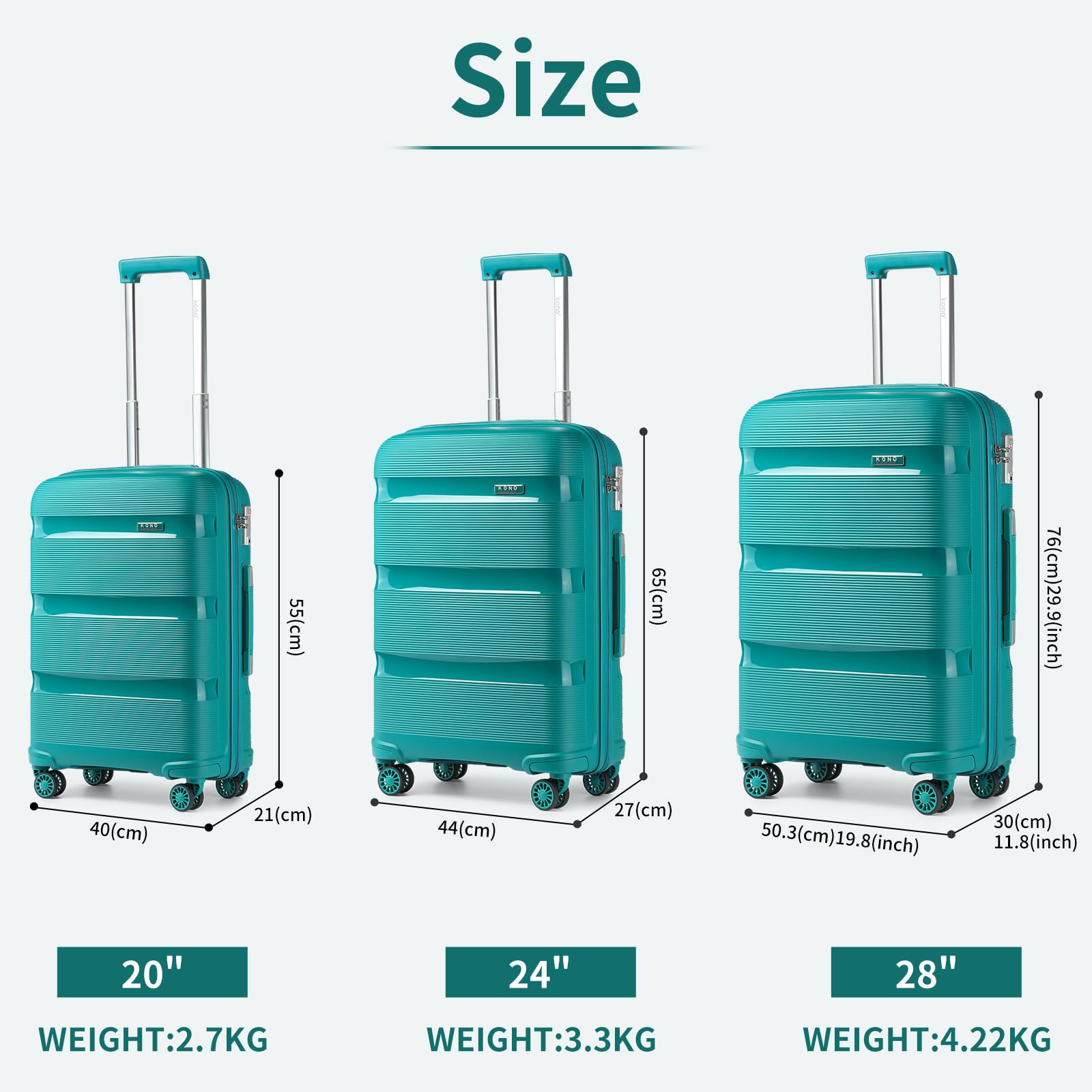 Kono Valise Trolley Grande Taille 76 cm Valise Rigide Enregistrement en Polypropylène Légere à 4 roulettes avec Serrure TSA Intégré 100L (Turquoise)