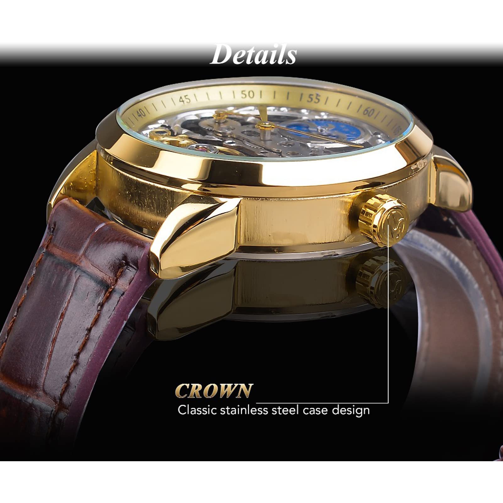FORSINING Herrenuhr Tourbillon Mondphase Automatische Herren Leder Armbanduhr Mode Business Skelett Luxus Handaufzug Uhren, gold, Gürtel