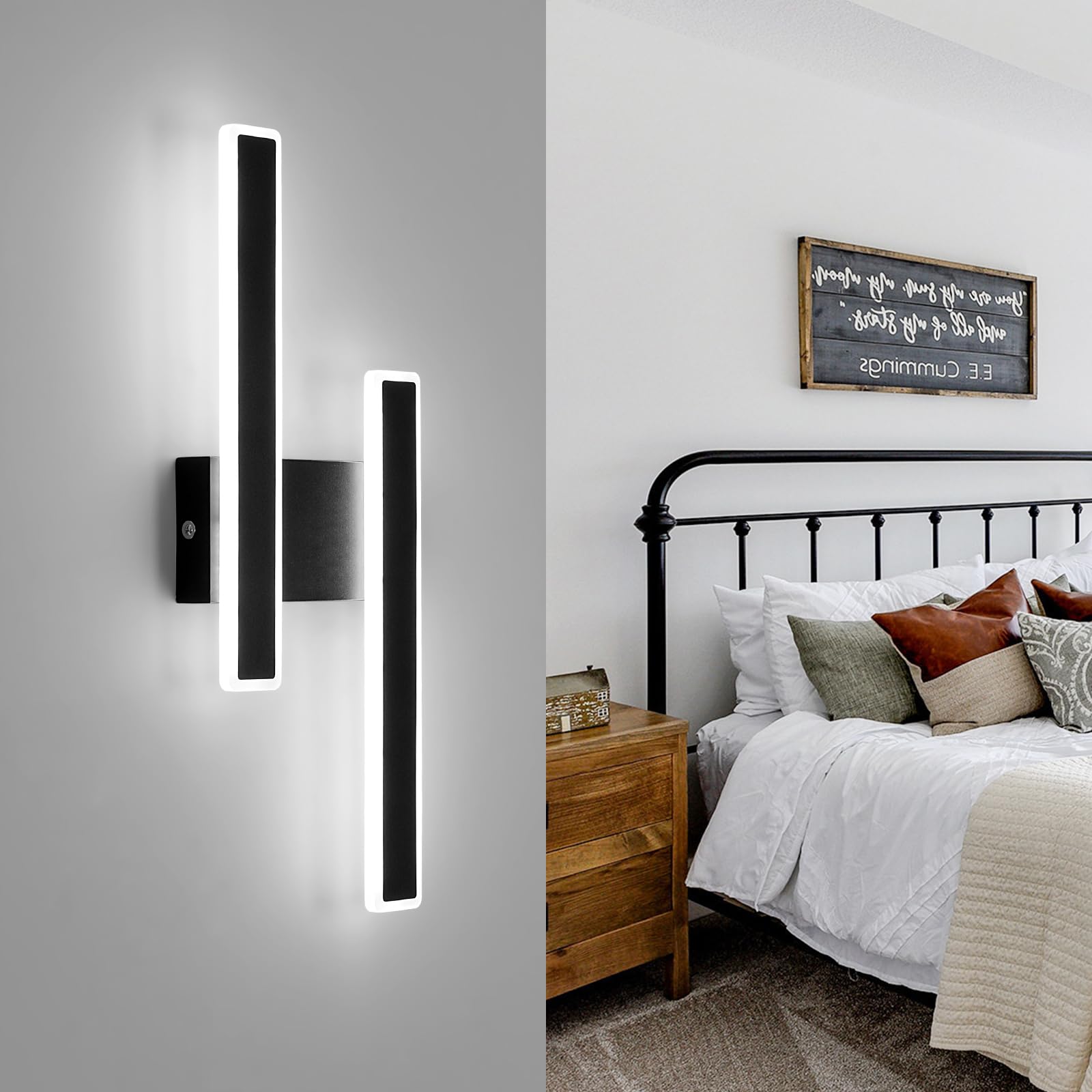 Lámpara de Pared LED Interior, 32W 3600LM Aplique Pared Interior Moderna, Lampara de Pared Negro Acrílico, Iluminación de Pared con Tira para Salón, Dormitorio, Pasillo, Escalera, Blanco Frio 6500K
