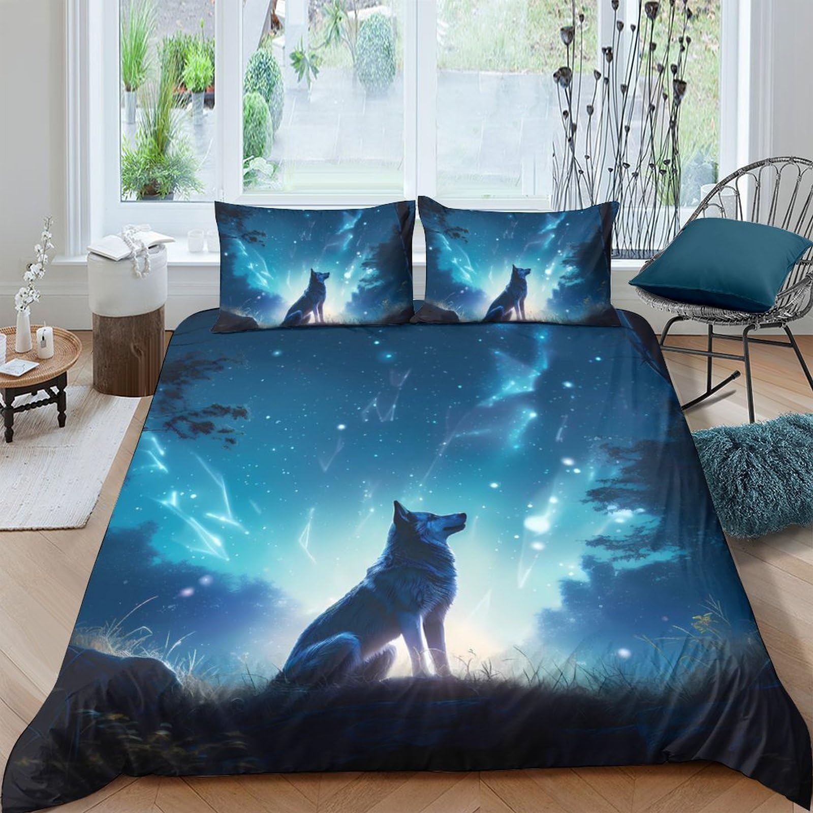 Ctjqhvkz Style-2 3D Printed Wolf Night Sky Fitted Sheet Microfiber Soft Bedroom Decor Cosmic Forest Mattress Cover Protects Bed Single（135X200cm）