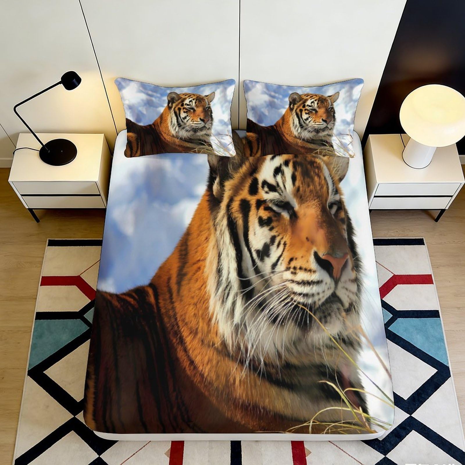 3D Printed Tiger Wild Fitted Sheet Microfiber Soft Anti-Slip Jungle Bed Cover for Bedroom Dorm Decorative Mattress Protection 90x200x25cm