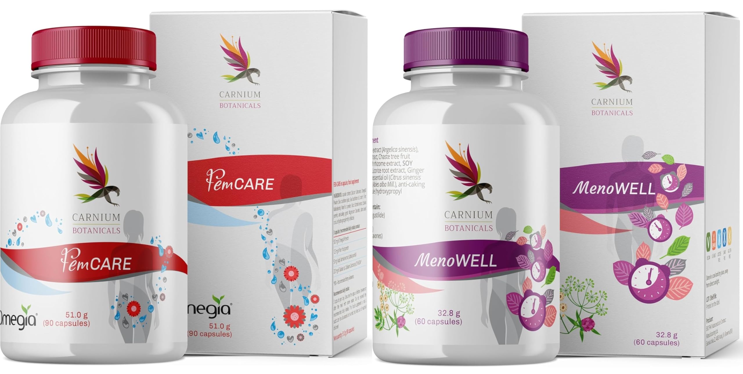 Carnium Botanicals FemCARE & MenoWELL Bundle – Pflanzliche Unterstützung mit Sanddorn, Noni, Calcium & Wechseljahre Komplex mit Mönchspfeffer, Rotklee und Yamswurzel
