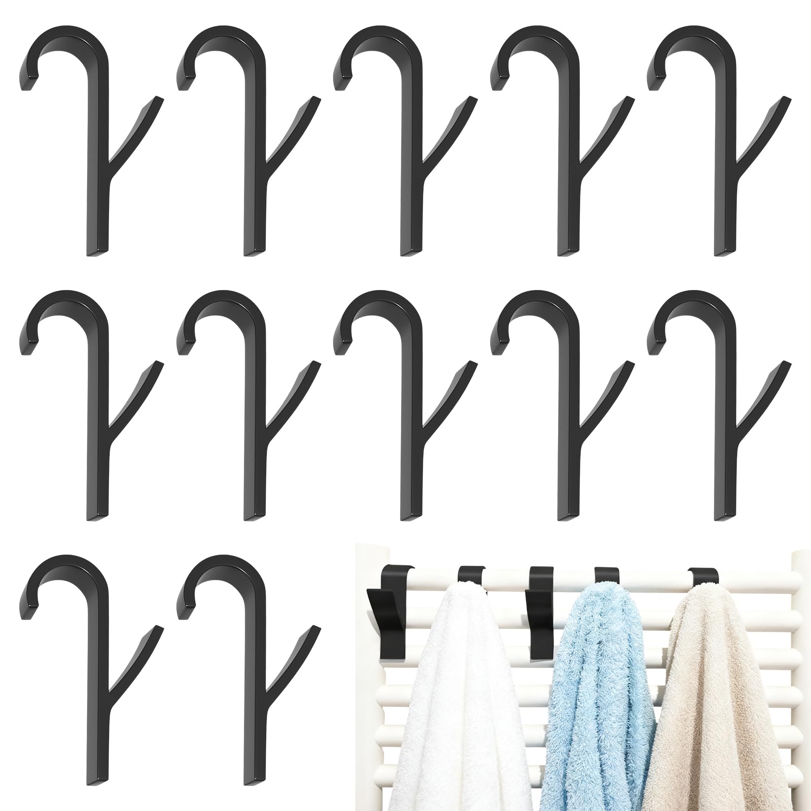 Meunhy Black 12 Pcs Radiator Hook For Towels, Towel Radiator Hooks, Bathrobe Hooks For Bathroom，Kitchen,Toilet All Standard Radiators