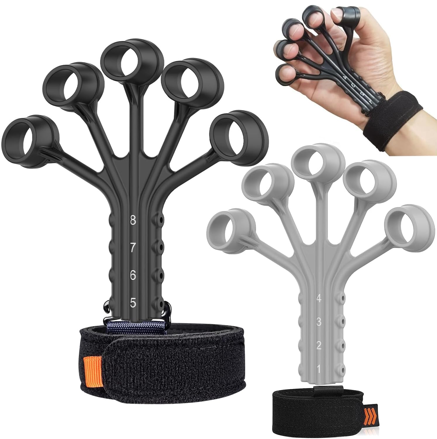 Grip Strength Trainer Finger Strengthener-Hand Strengthener 8 Resistant Level Exerciser-Adjustable Hand for Therapy, Relieve Pain Arthritis(Black+Grey, 2PCS)