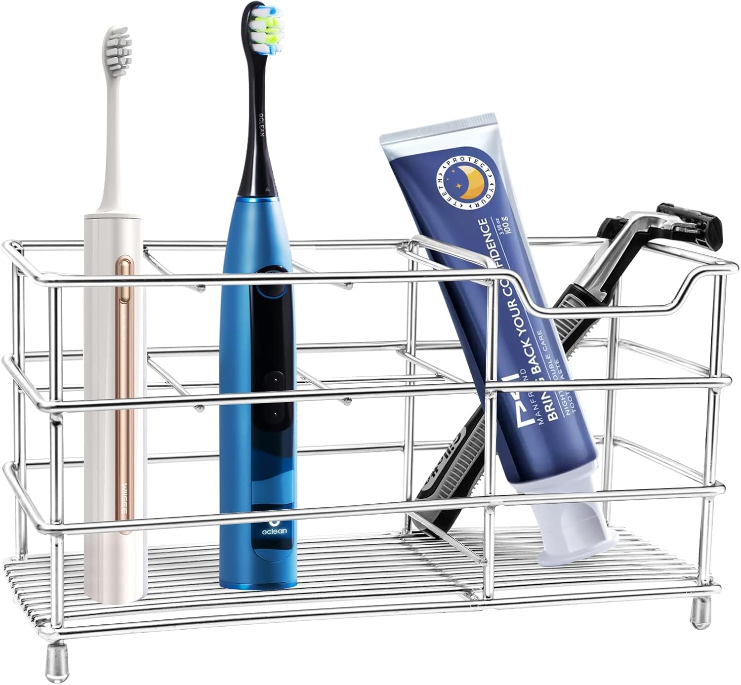 CGBE Portacepillos de Dientes Pared, Porta Cepillo de Dientes y Pasta con 7 Compartimentos Adhesivo Acero Inoxidable, Soporte para Cepillo de Dientes Eléctrico Sin Taladro para Baño, Plateado