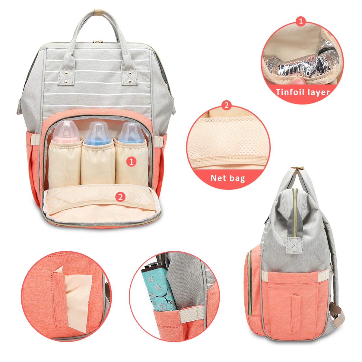 SONARIN Stripe Multifunzione Zaino Fasciatoio Bambino per Pannolini,Organizer per Zaino da Viaggio Con Sacchetto di Isolamento Termico,Impermeabile,Grande Capacità,Elegante,Ideale Regalo(Viola Chiaro)