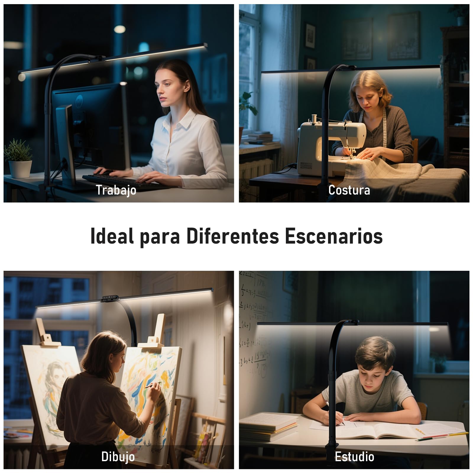 Jeebel Lámpara de Escritorio Pinza LED 24W 80cm Doble Cabezal 1800LM 10 Temperatura Color 10 Niveles Brillo