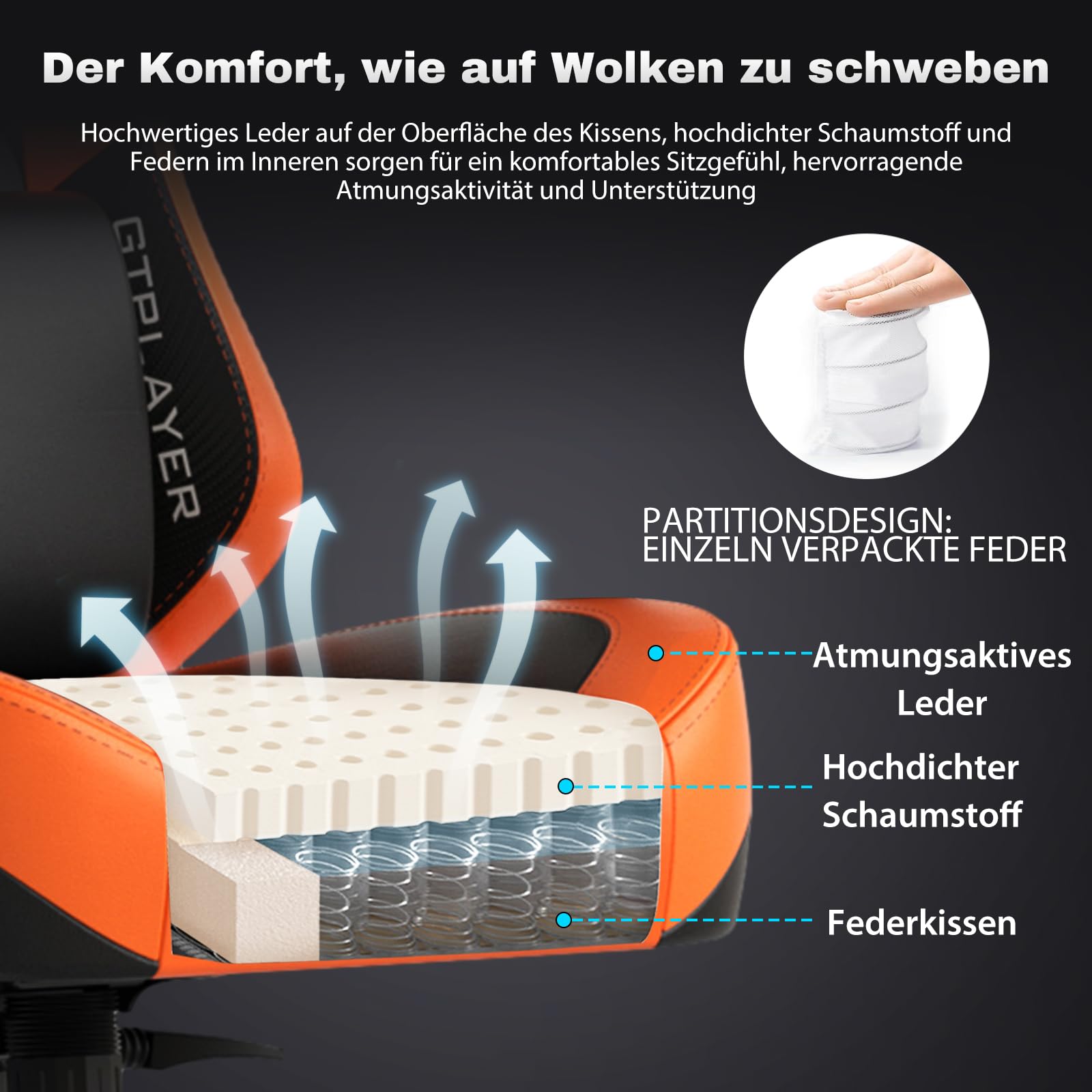 GTPLAYER Gaming Stuhl mit Massage, Gamer Stuhl mit Taschenfederkissen Fußstütze, Ergonomischer Gaming Sessel Bürostuhl 4D Armlehnen,Orange