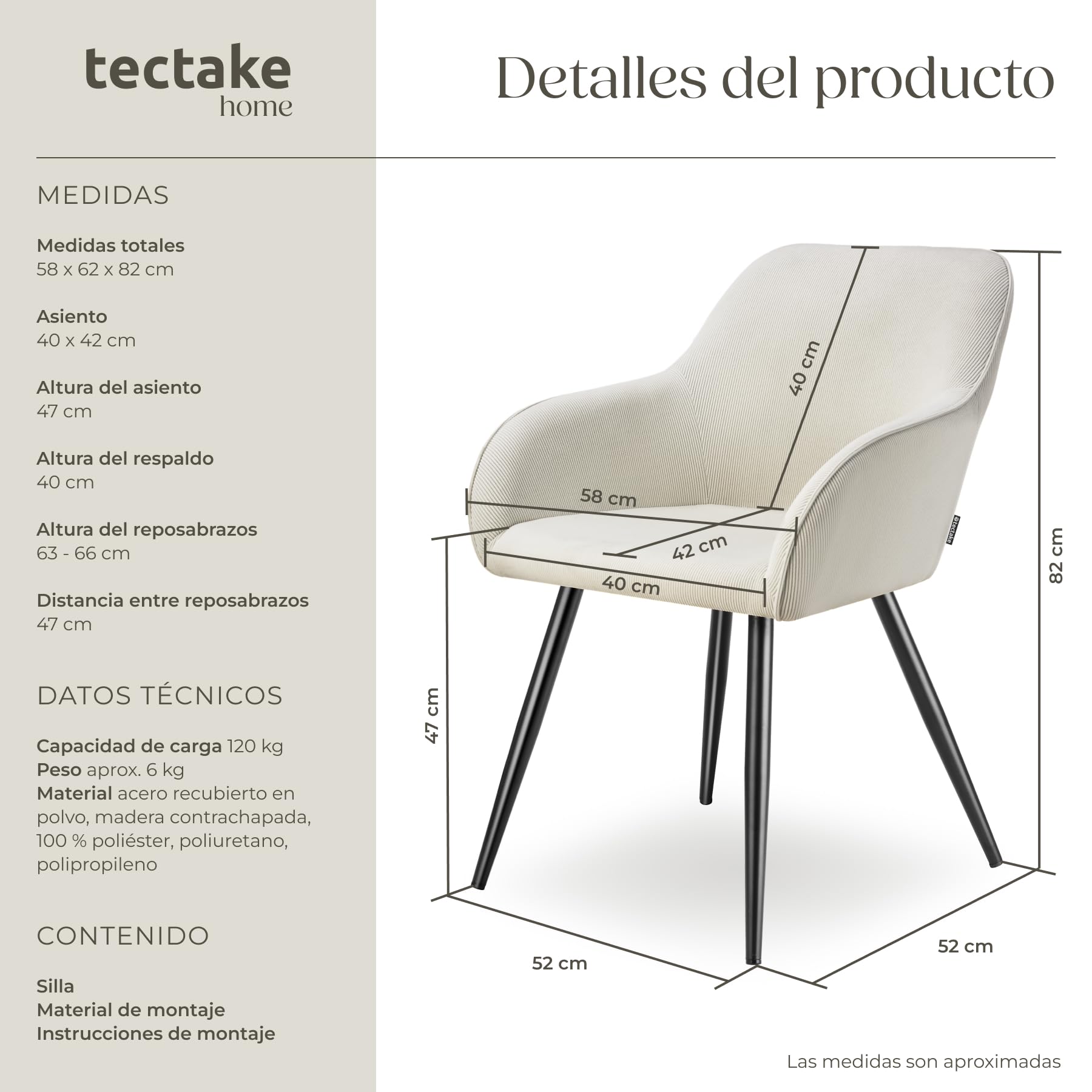 tectake® Sillas de Comedor, Silla Acolchada con Tejido de Pana, Respaldo Continuo, Patas de Acero Robustas, Muebles Comedor, Sillas Comedor Modernas, Silla Comedor Nordica - 1 Silla Crema/Negro